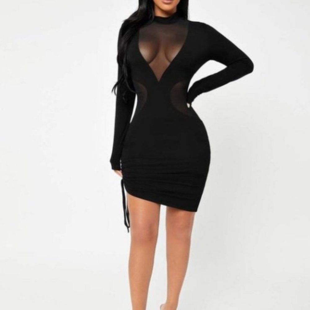 ✨Mock Sheer Mesh Insert Ruched Knot Bodycon Dress